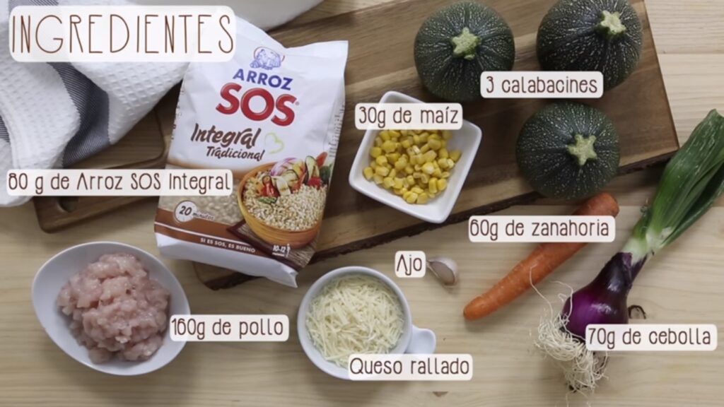 Ingredientes para Calabacines rellenos de arroz integral y pollo