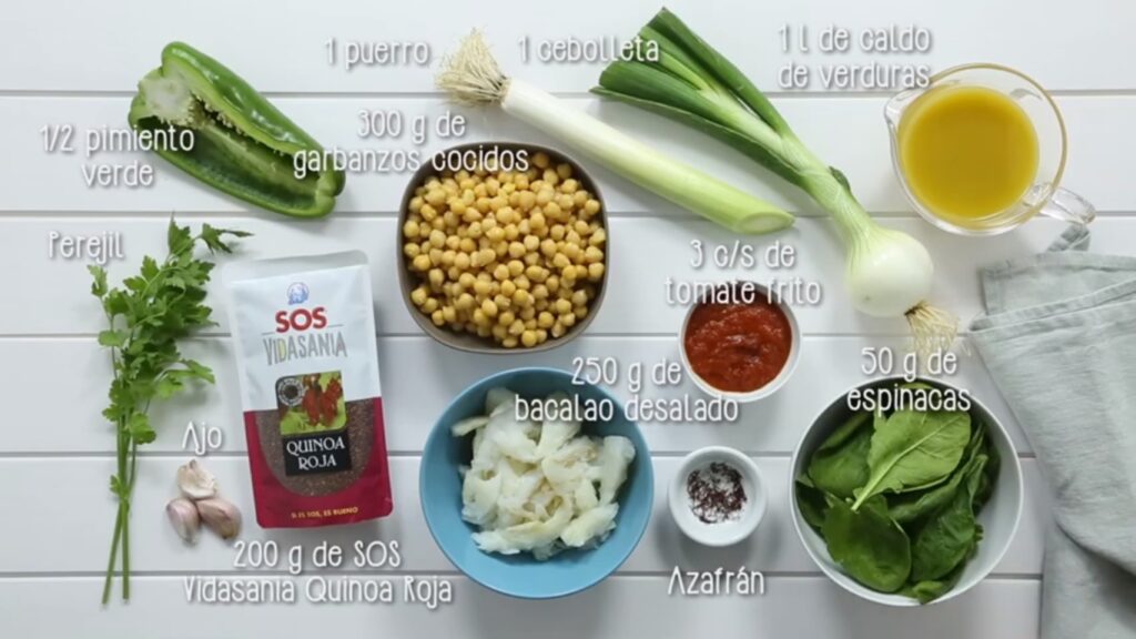 Ingredientes para hacer guiso de quinoa roja con garbanzos y bacalao