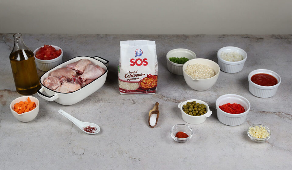 Ingredientes para arroz caldoso con pollo