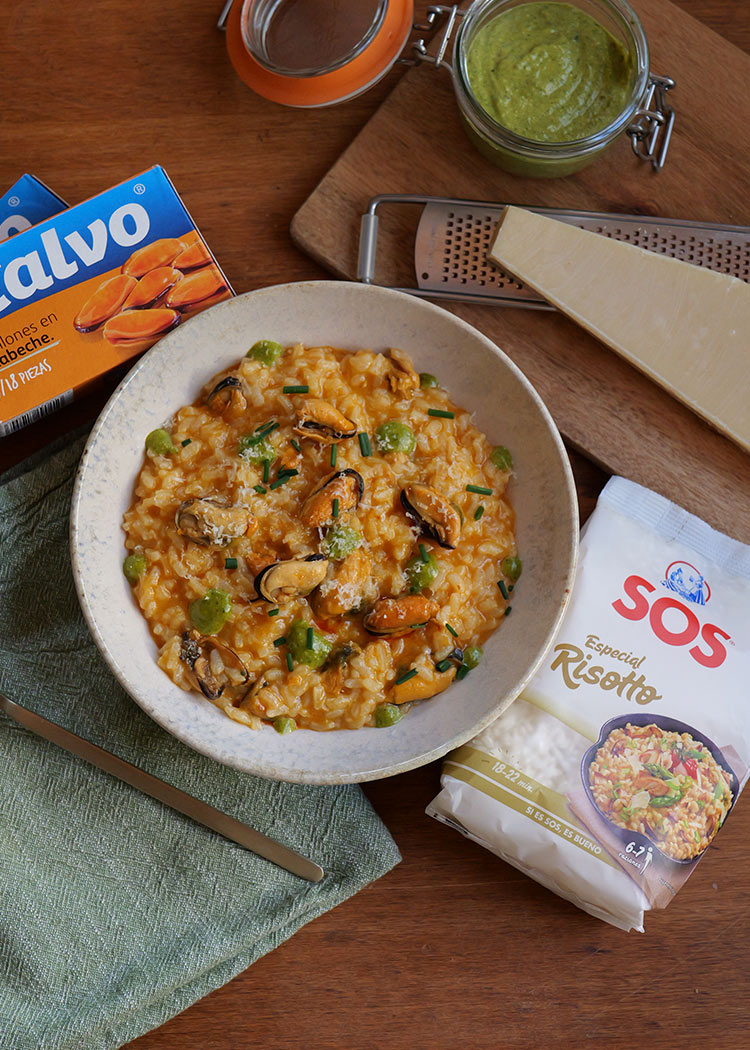 risotto con mejillones en escabeche