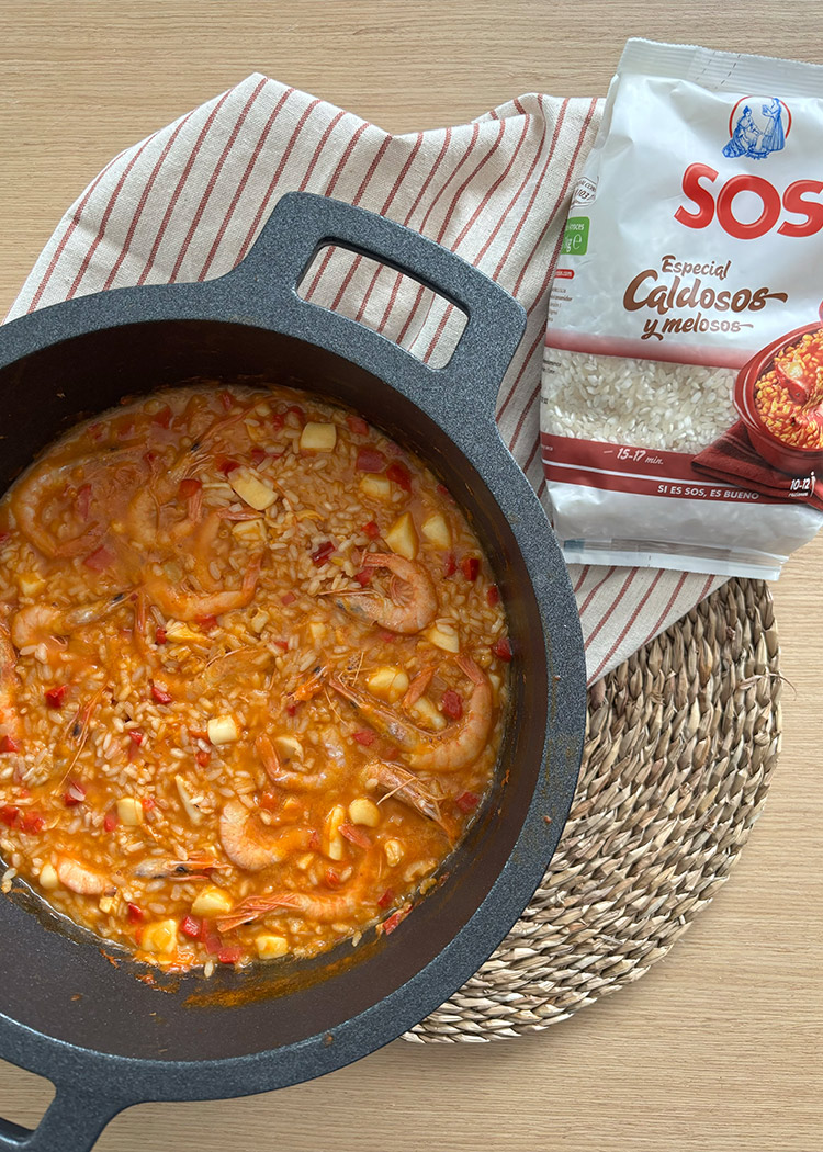Presentación para arroz con gambas y sepia