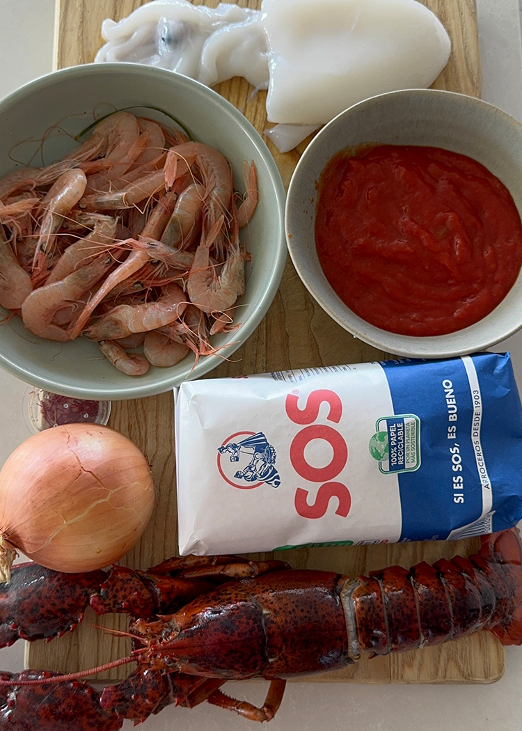 ingredientes para arroz caldoso de marisco