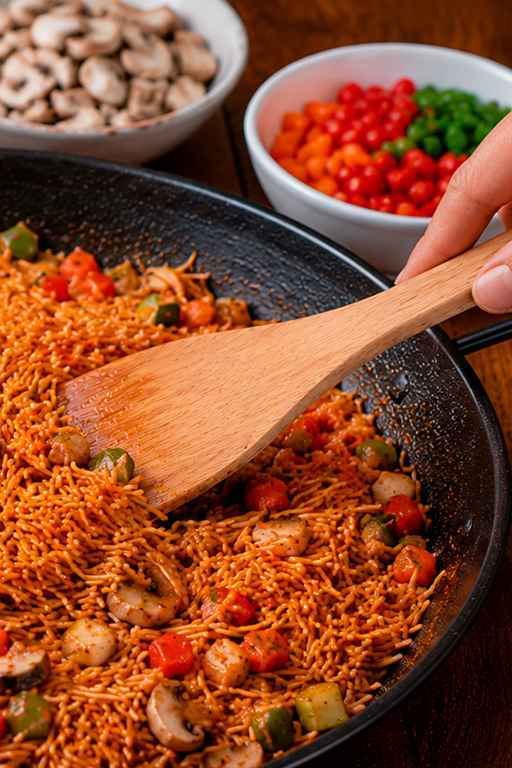 añadir fideos para fideuá tostada de verduras
