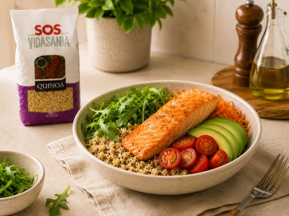 Bowl mediterráneo de salmón, quinoa y vegetales